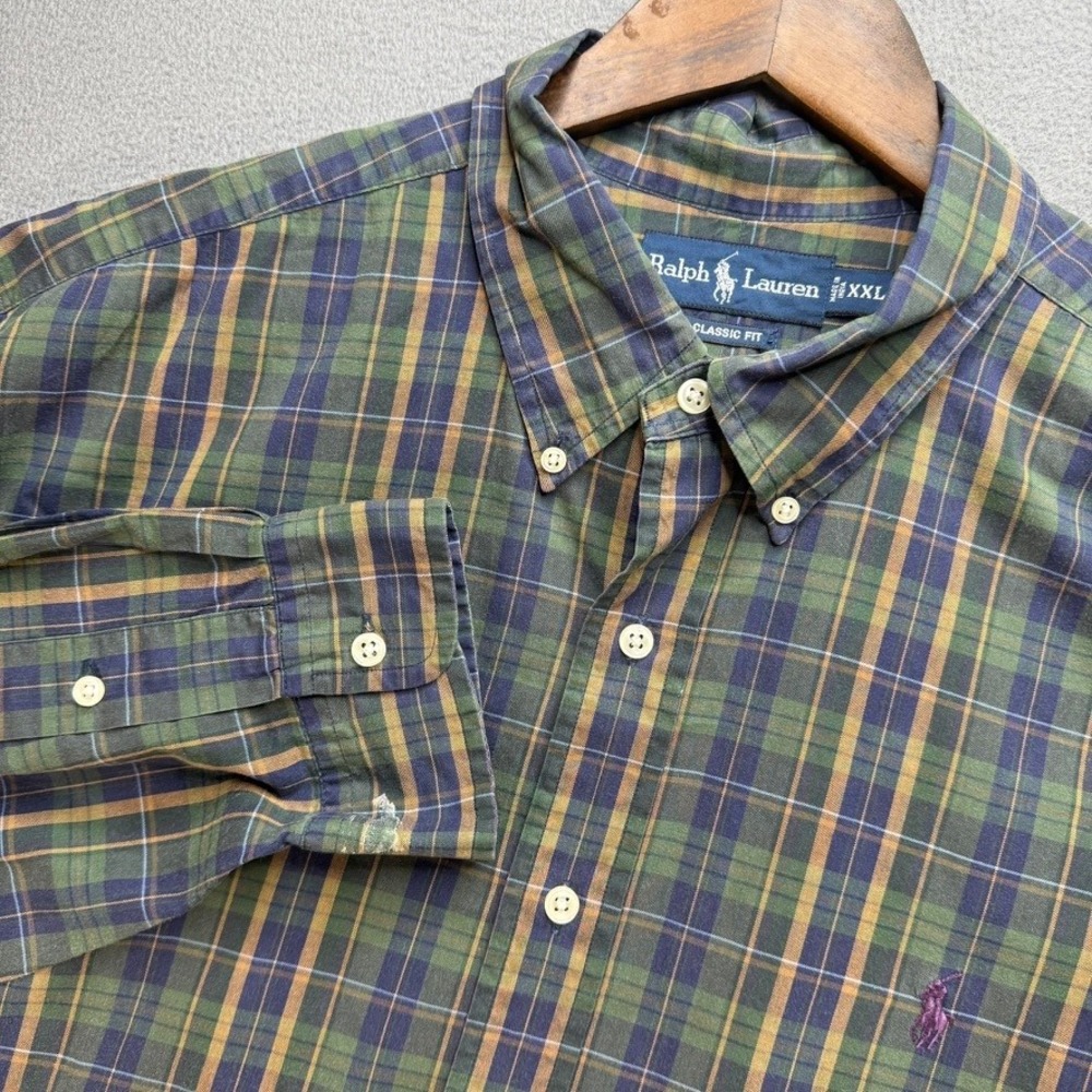 Ralph Lauren Button Down Shirt Mens XXL Green Plaid Classic Fit Long Sleeve Pony